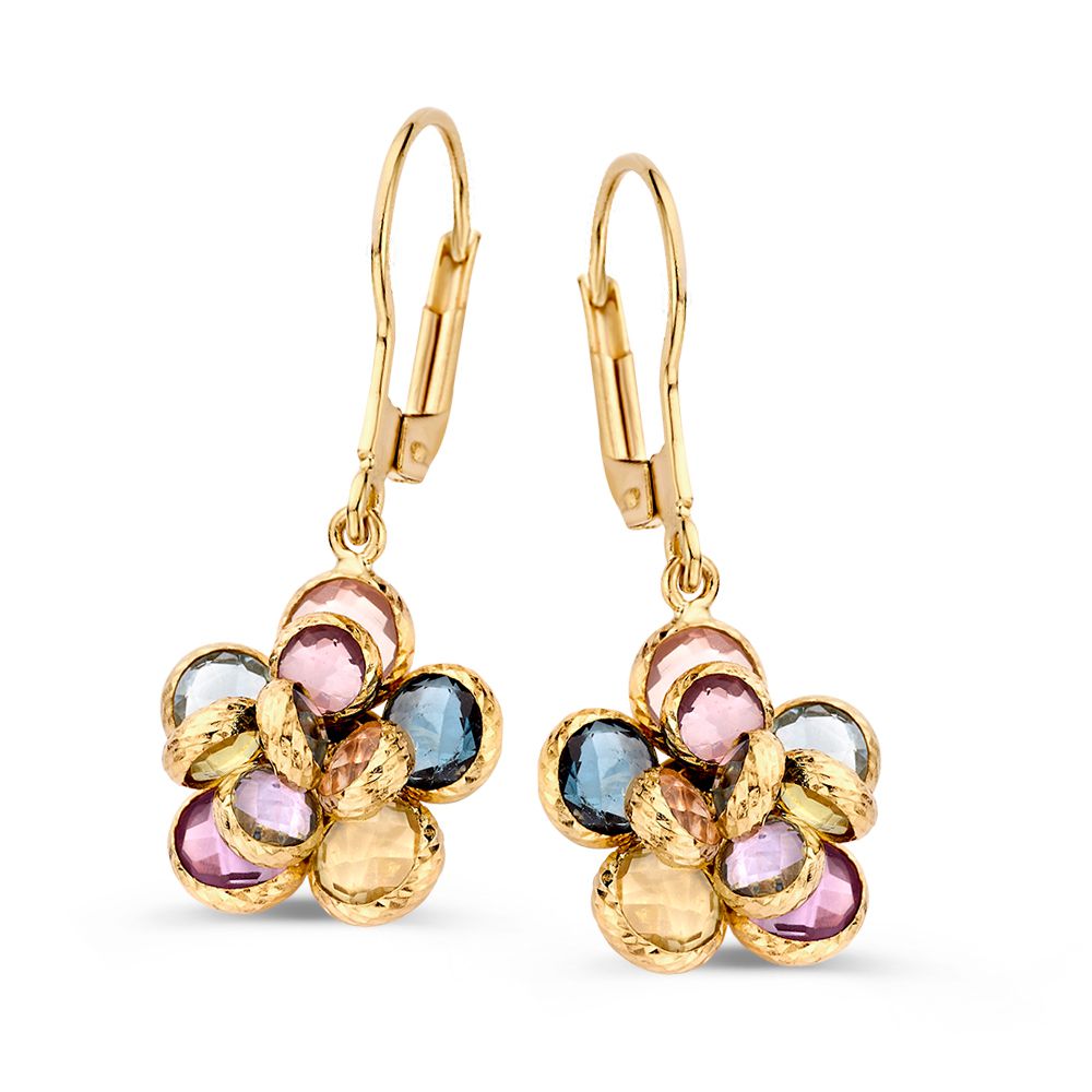 Boucles d'oreilles en or jaune avec des pierres colorées en forme de fleur : améthyste, topaze, quartz rose et améthyste verte.