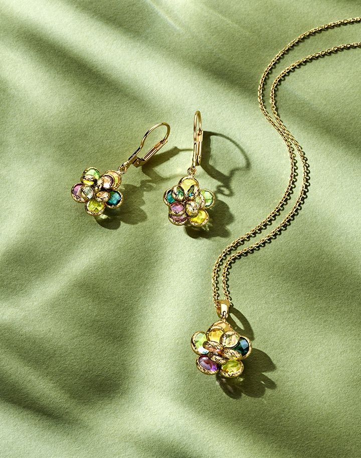 Superbes Crochets d'Oreilles en Or Jaune avec Pierres Colorées en Forme de Fleur – Améthyste, Topaze, Quartz Rose, et Améthyste Verte