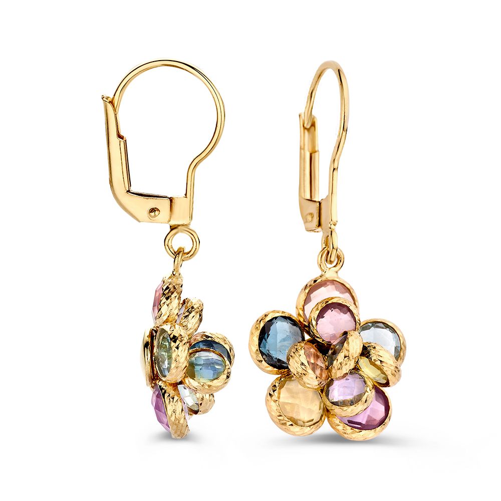 Superbes Crochets d'Oreilles en Or Jaune avec Pierres Colorées en Forme de Fleur – Améthyste, Topaze, Quartz Rose, et Améthyste Verte