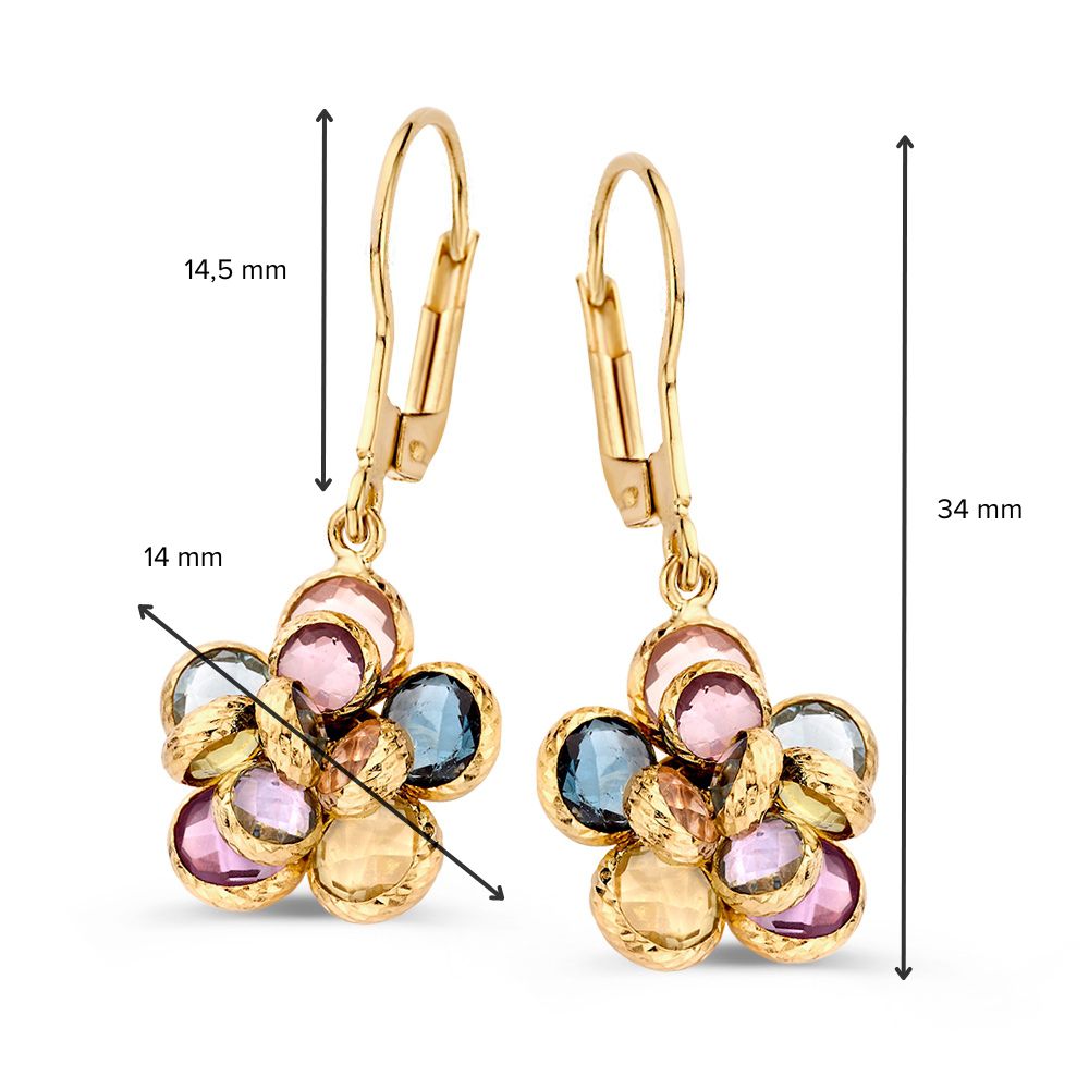 Superbes Crochets d'Oreilles en Or Jaune avec Pierres Colorées en Forme de Fleur – Améthyste, Topaze, Quartz Rose, et Améthyste Verte