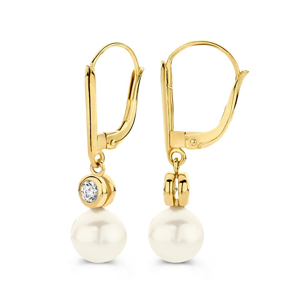 Créoles en or jaune avec perles et zircones – 14 carats