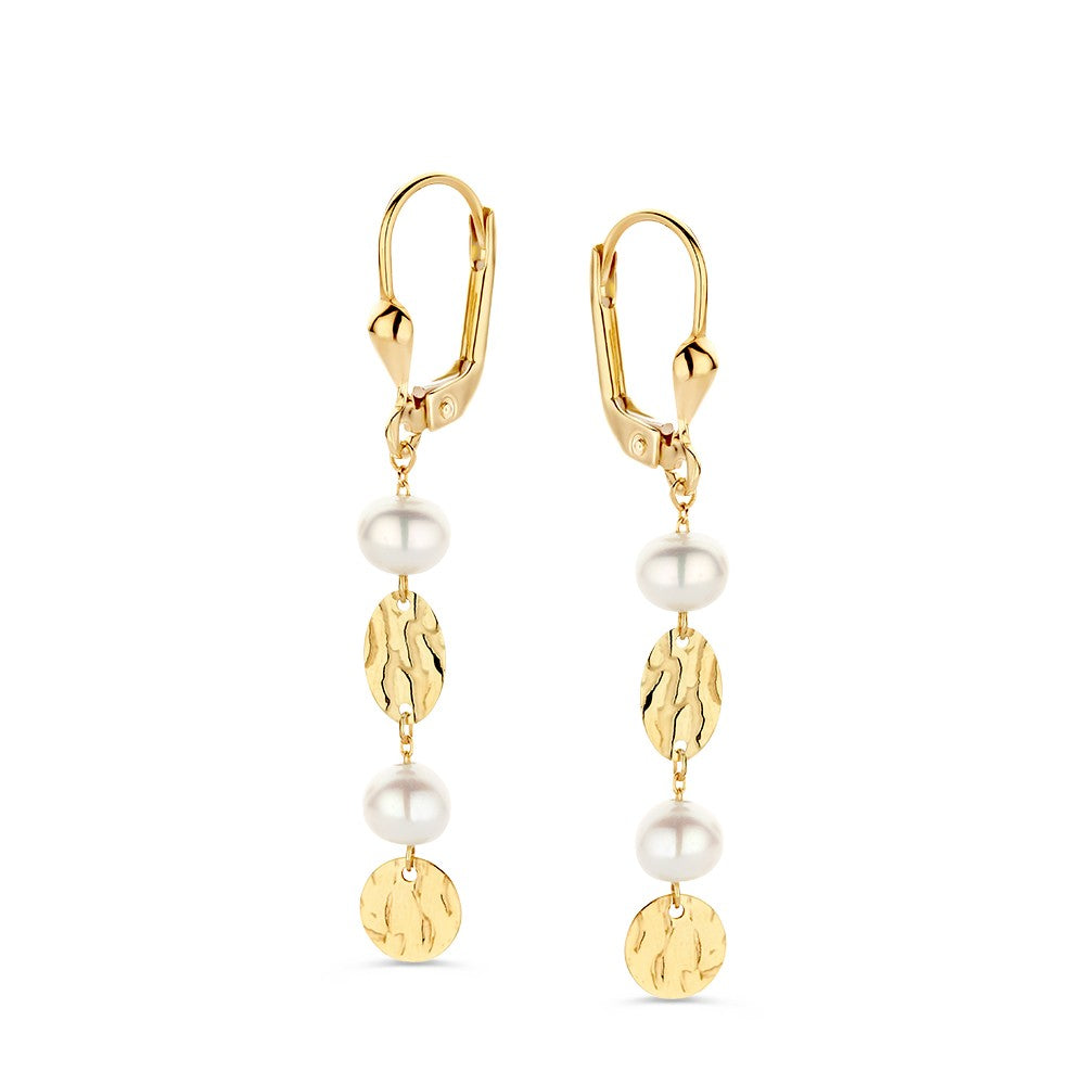 Boucles d'oreilles en or jaune 14 carats avec de longues pendantes et des perles.