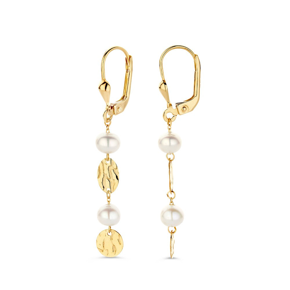 Crochets d'oreilles en or avec longs pendentifs et perles – or jaune 14 carats
