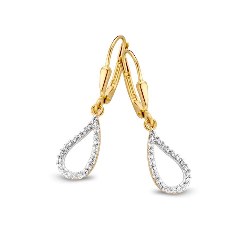Boucles d'oreilles en or jaune 14 carats avec pendentifs en zirconium en forme de goutte.