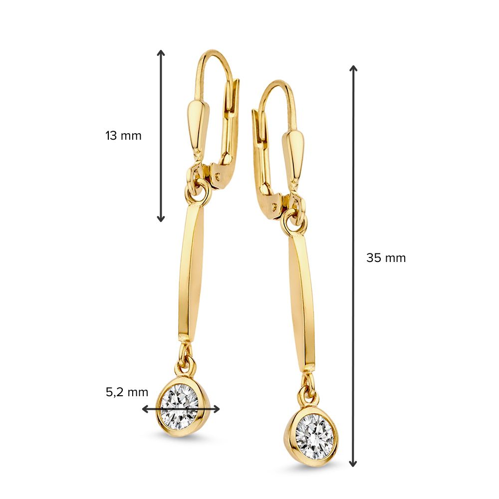 Crochets d'oreilles en or avec pendentifs en zircone – or jaune 14 carats