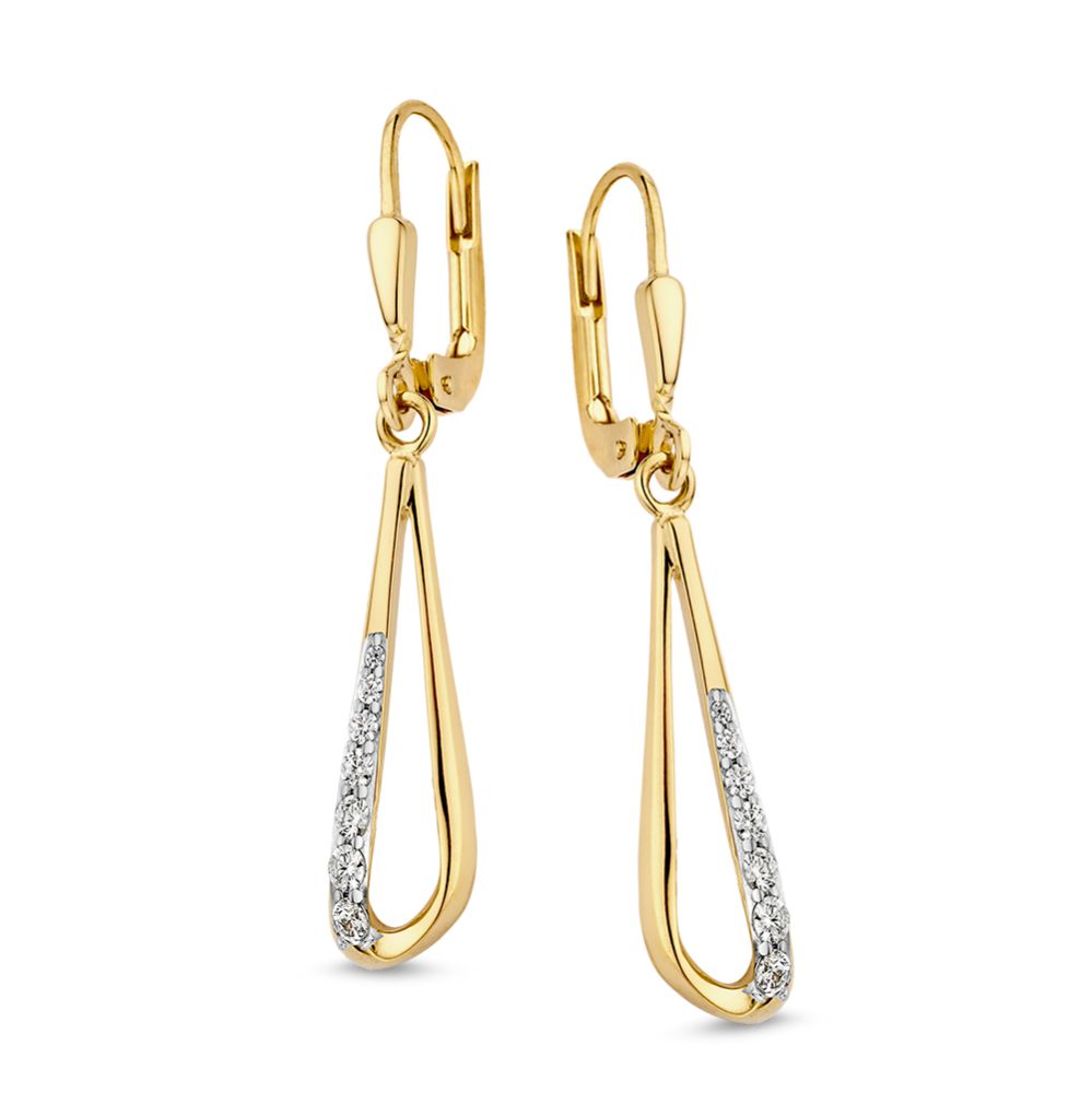 Boucles d'oreilles en or jaune 14 carats avec des zircons, en forme de goutte allongée.