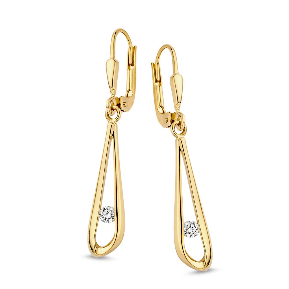 Boucles d'oreilles en or jaune 14 carats avec zirconia, en forme de goutte.