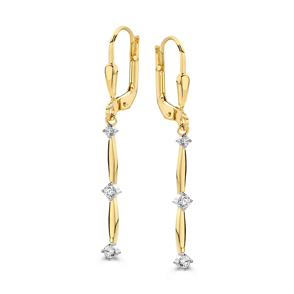 Boucles d'oreilles en or jaune 14 carats avec des perles allongées et des zirconias.