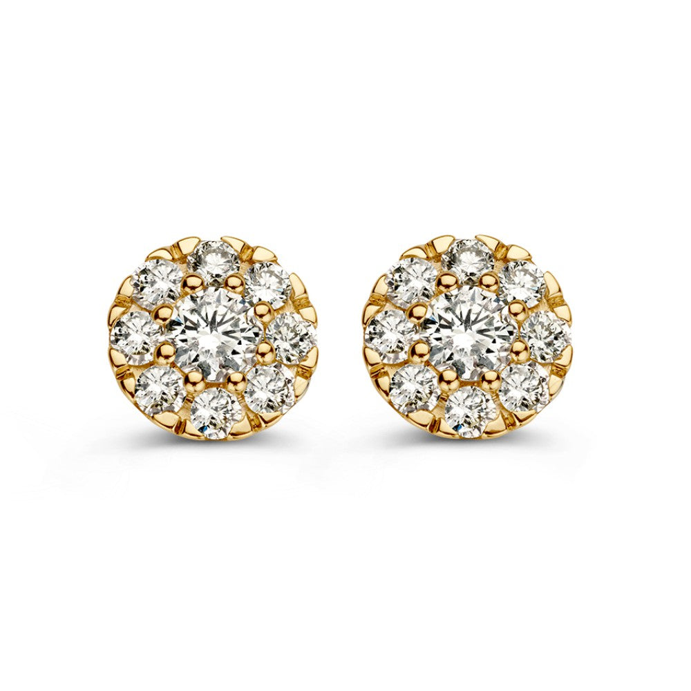 Boucles d'oreilles en or jaune avec diamants en sertissage entourage, 0,80 crt.
