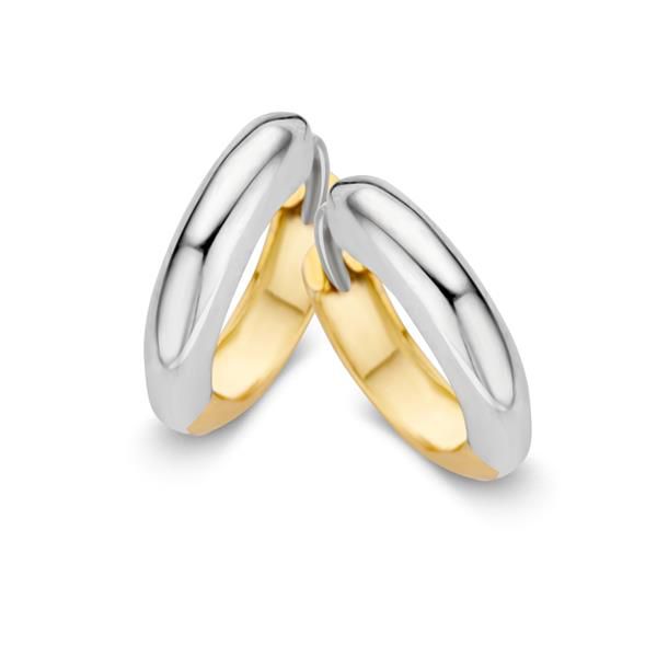 Boucles d'oreilles créoles bicolores en or blanc et or jaune, réversibles, avec une finition lisse.