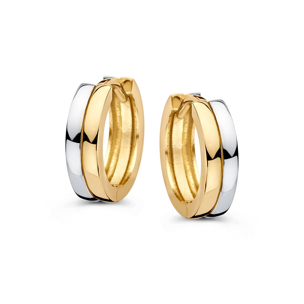 Boucles d'oreilles bicolores en or 14 carats, avec des anneaux en or jaune et blanc.