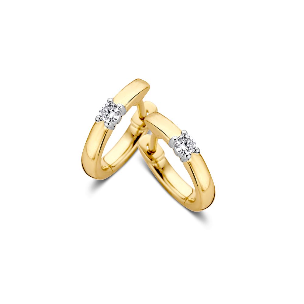 Boucles d'oreilles bicolores en or 14 carats avec diamants de 0,10 ct, au design élégant.