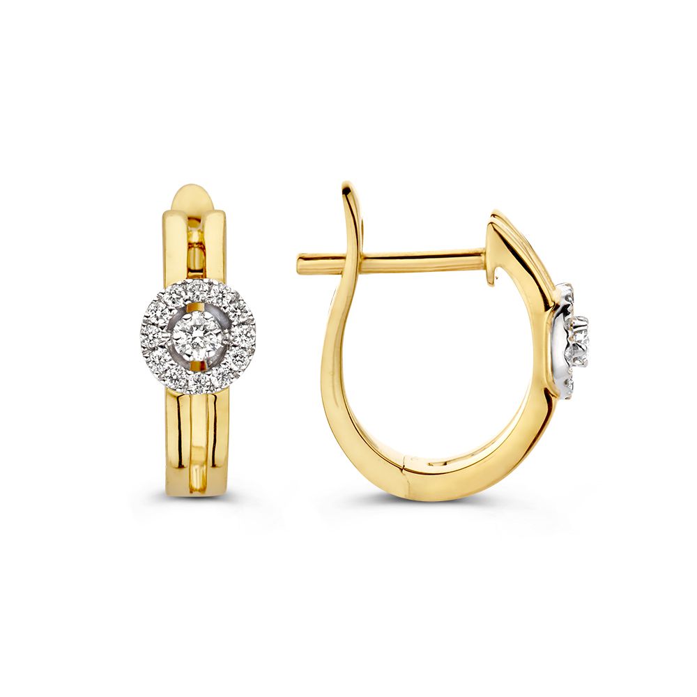 Boucles d'oreilles bicolores en or jaune et blanc avec diamants en sertissage entourage, 14 carats.
