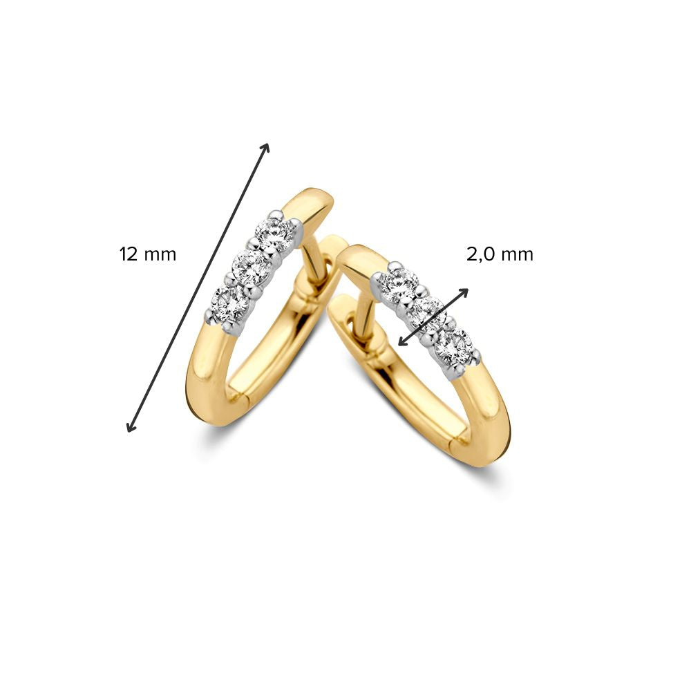 Créoles Bicolores en Or Jaune et Or Blanc avec Trois Diamants – Créoles en 14 Carats avec 0.15 Carat de Diamants