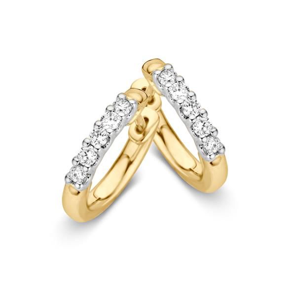 Boucles d'oreilles en or 14 carats avec des diamants brillants, de forme arrondie et finition brillante.