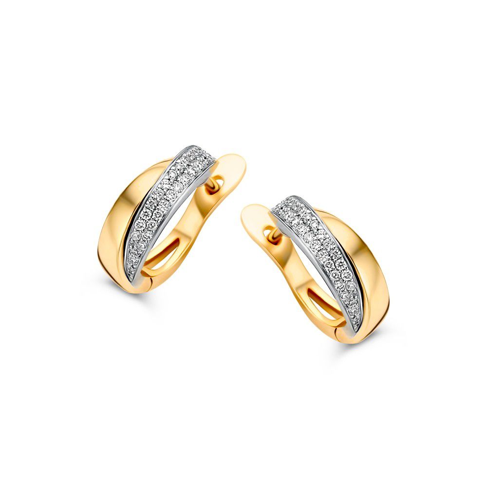 Boucles d'oreilles bicolores en or jaune et blanc avec diamants en pavé, 14 carats, 0,20 carat de diamants.