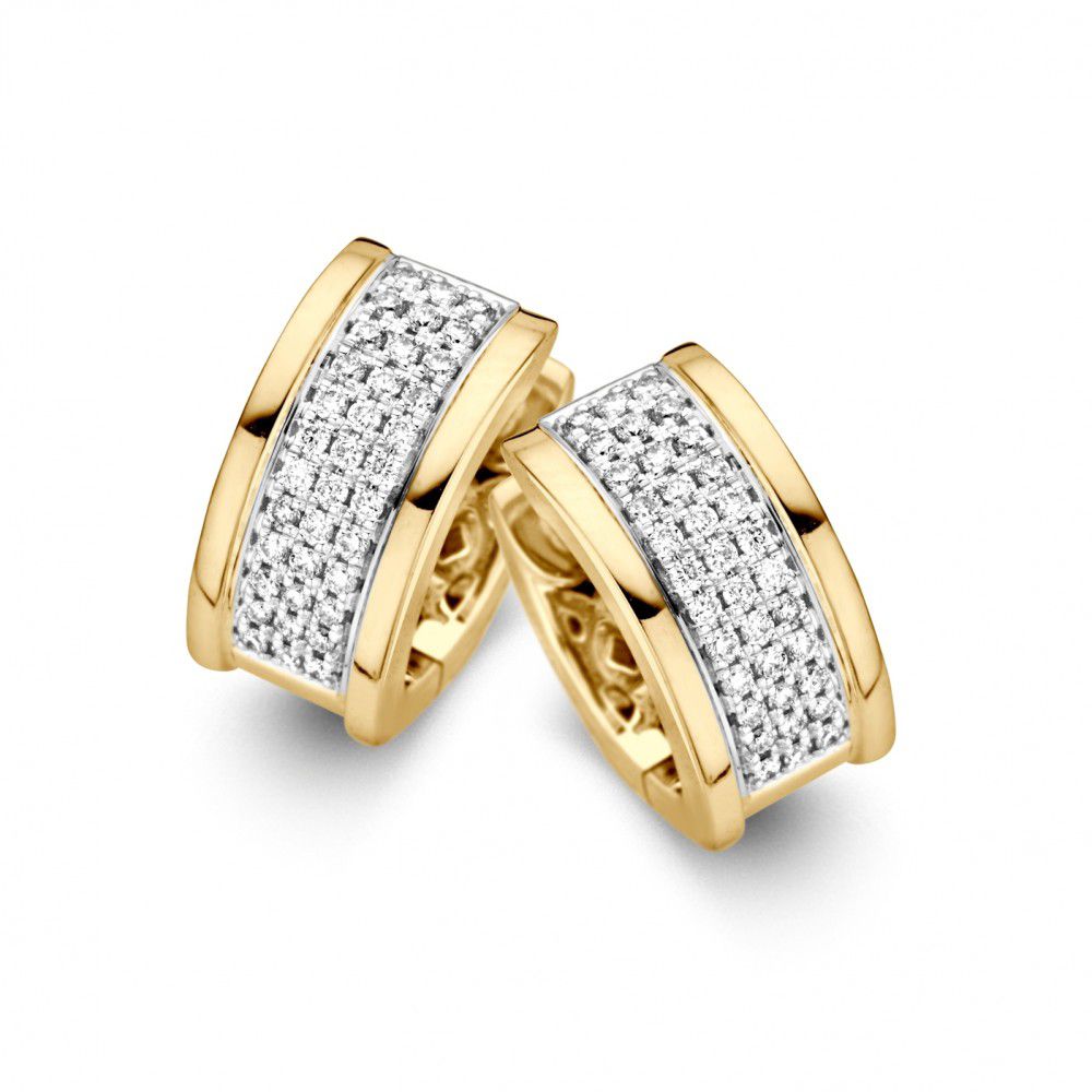 Boucles d'oreilles larges en or jaune et blanc avec diamants en pavé, 14 carats, 0,45 carat de brillants.