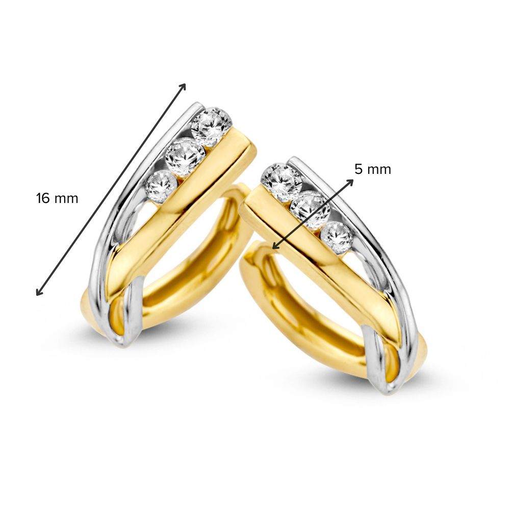 Créoles Bicolores en Or Jaune et Or Blanc avec Zircone – Boucles d'oreilles Élégantes avec Tige Réduite, 14 Carats
