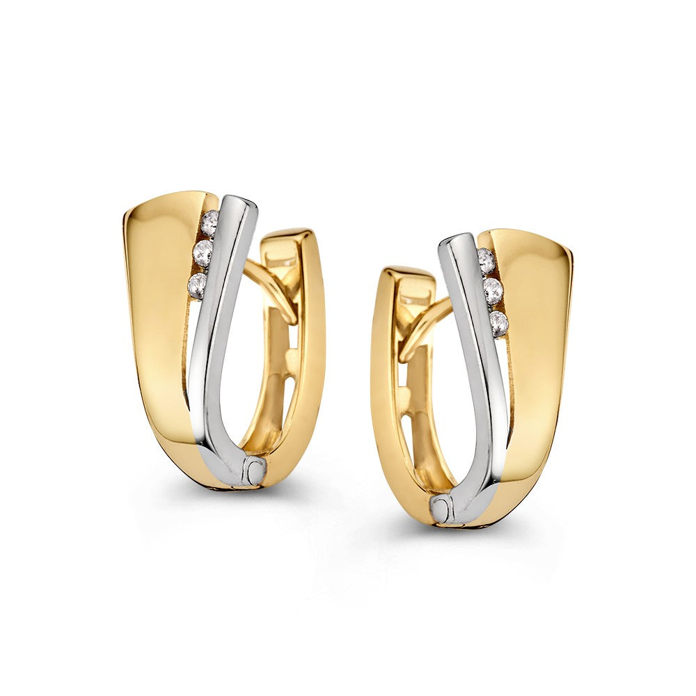 Boucles d'oreilles créoles bicolores en or blanc et or jaune avec trois zirkonias.