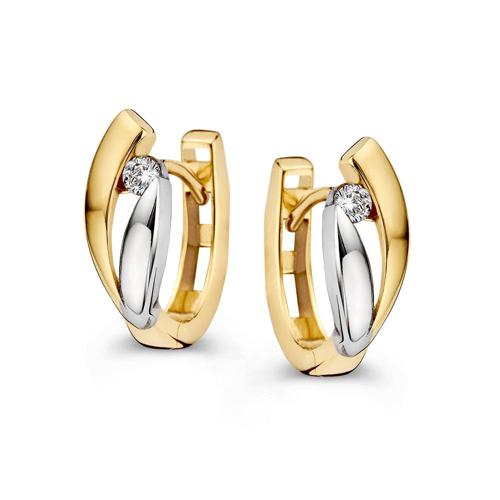 Boucles d'oreilles bicolores en or blanc et jaune avec zirconia, design élégant en 14 carats.