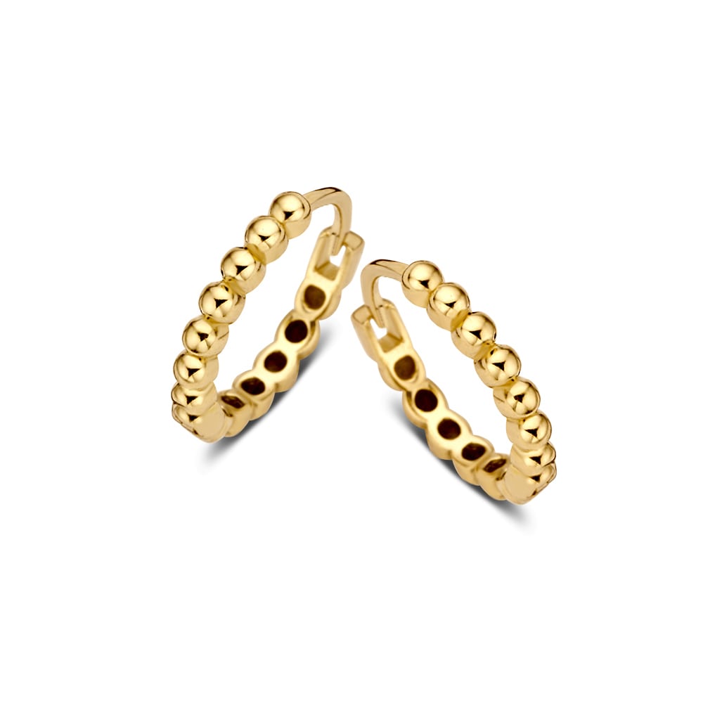 Boucles d'oreilles en or jaune 14 carats, design minimaliste avec des perles, diamètre intérieur de 11 mm.