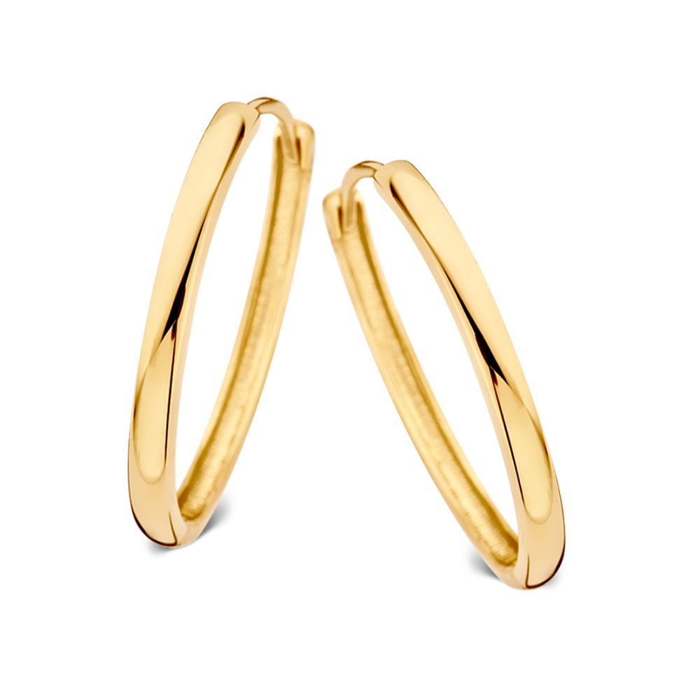 Boucles d'oreilles en or jaune de 14 carats avec charnière, finition lisse et brillante.