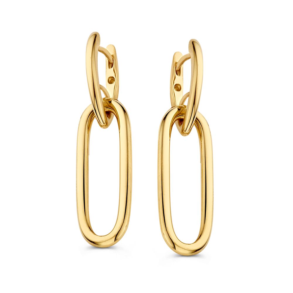 Boucles d'oreilles dorées avec de grandes chaînes pendantes, au design moderne.
