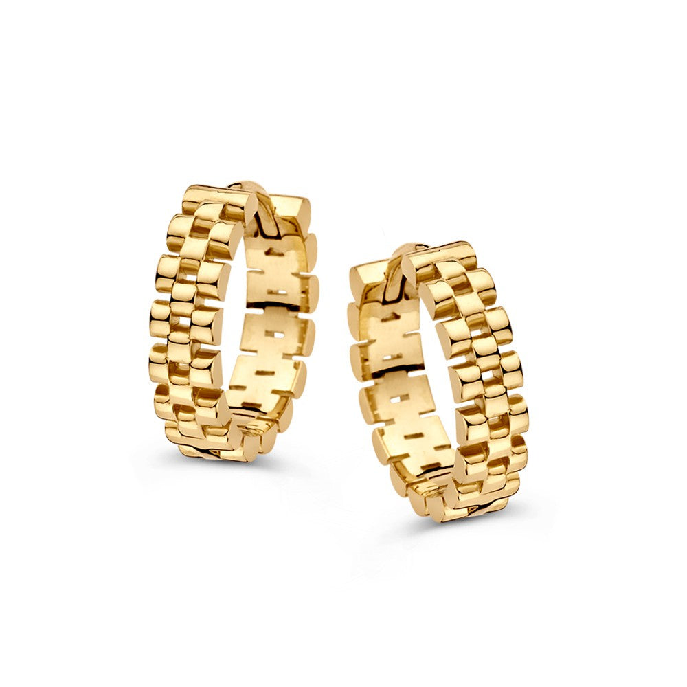 Boucles d'oreilles en or jaune avec maillons 'Rolex', forme ronde et finition brillante.