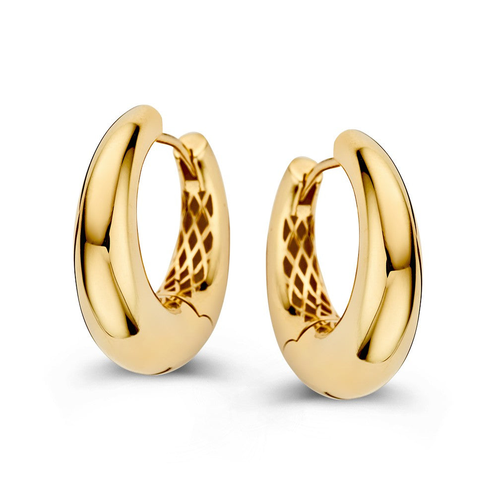 Boucles d'oreilles en or jaune, de forme bombée et lisse, avec un intérieur texturé.