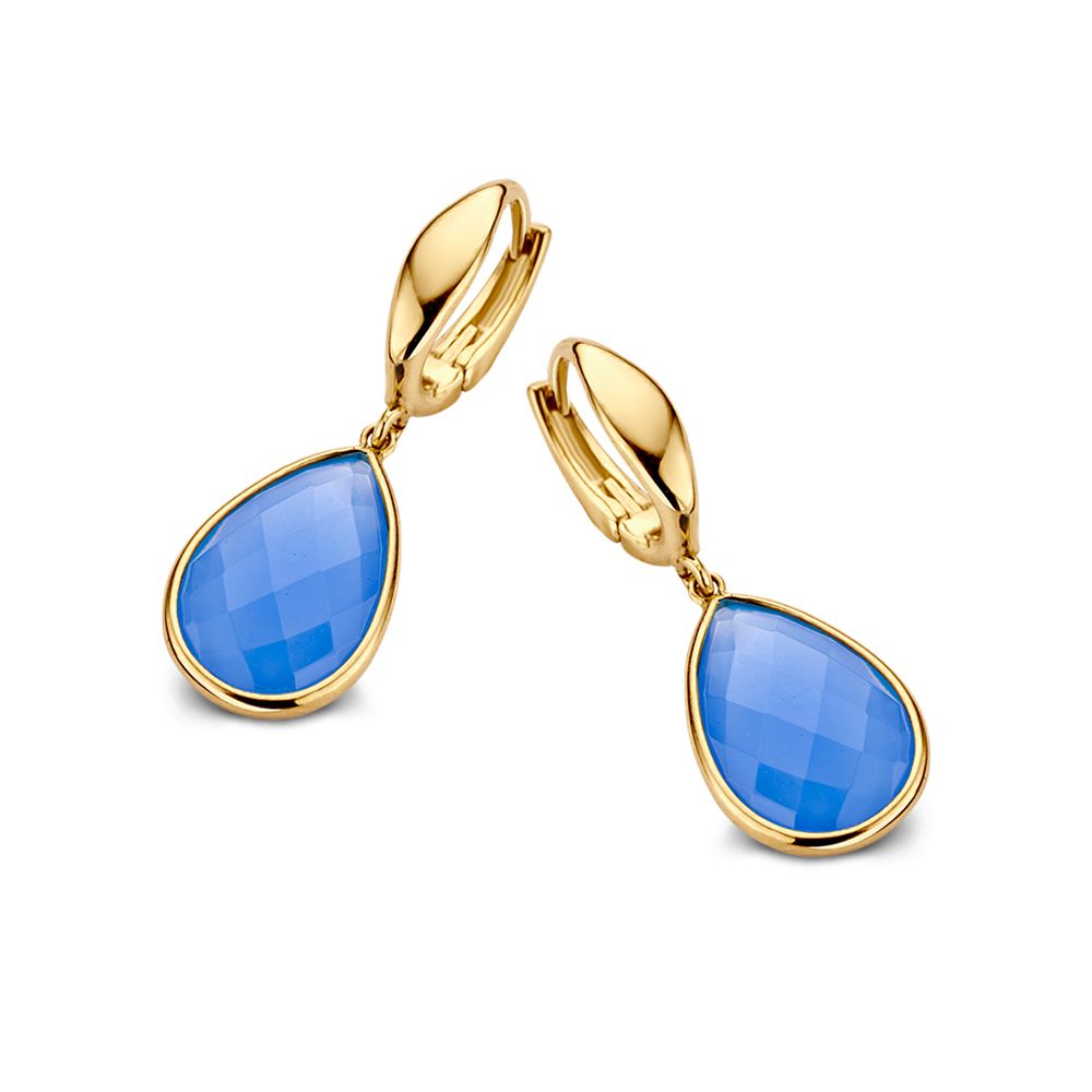 Geelgouden Oorringen met Blauw Chalcedoon – Elegantie in Kleur