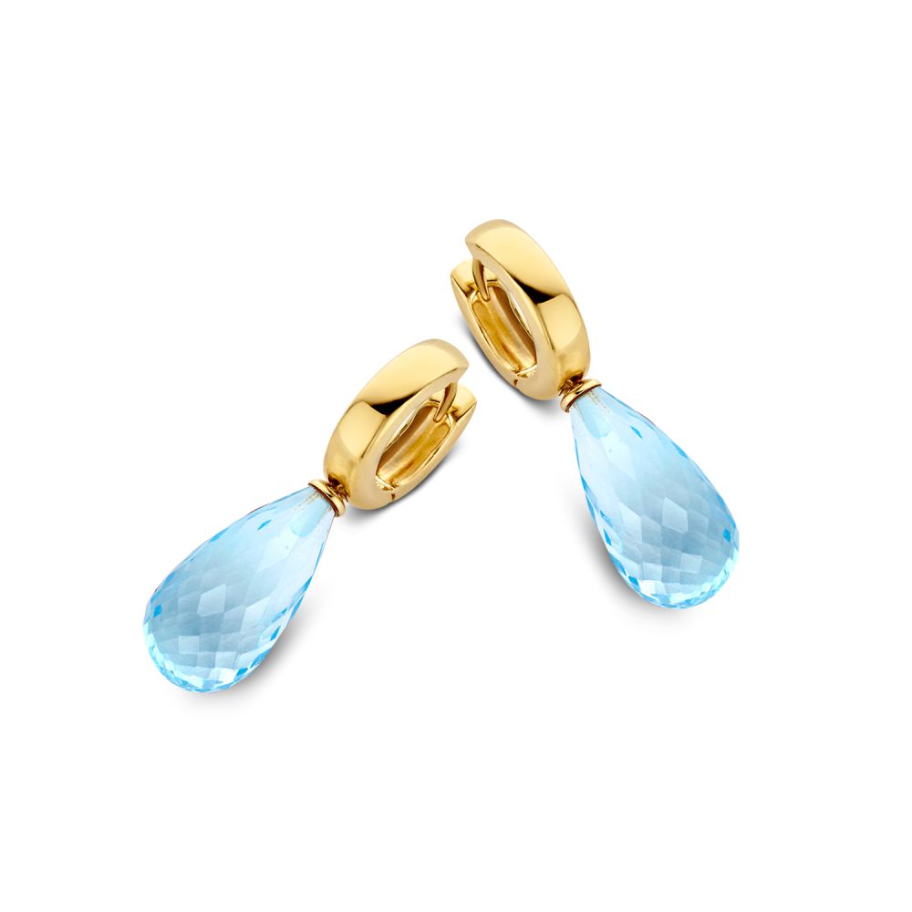 Boucles d'oreilles en or jaune avec des topazes en forme de goutte, finition brillante.