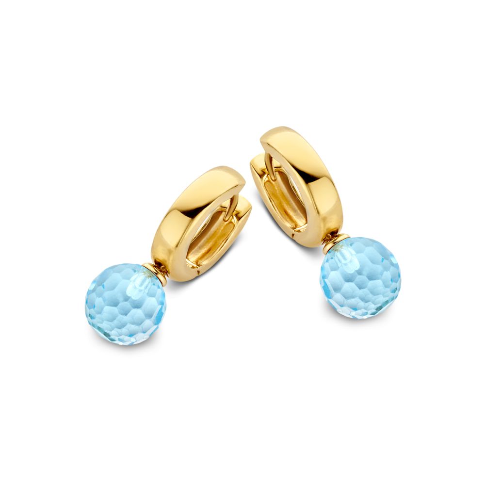 Boucles d'oreilles en or jaune avec pendentifs en topaze, finition brillante et perles facettées.