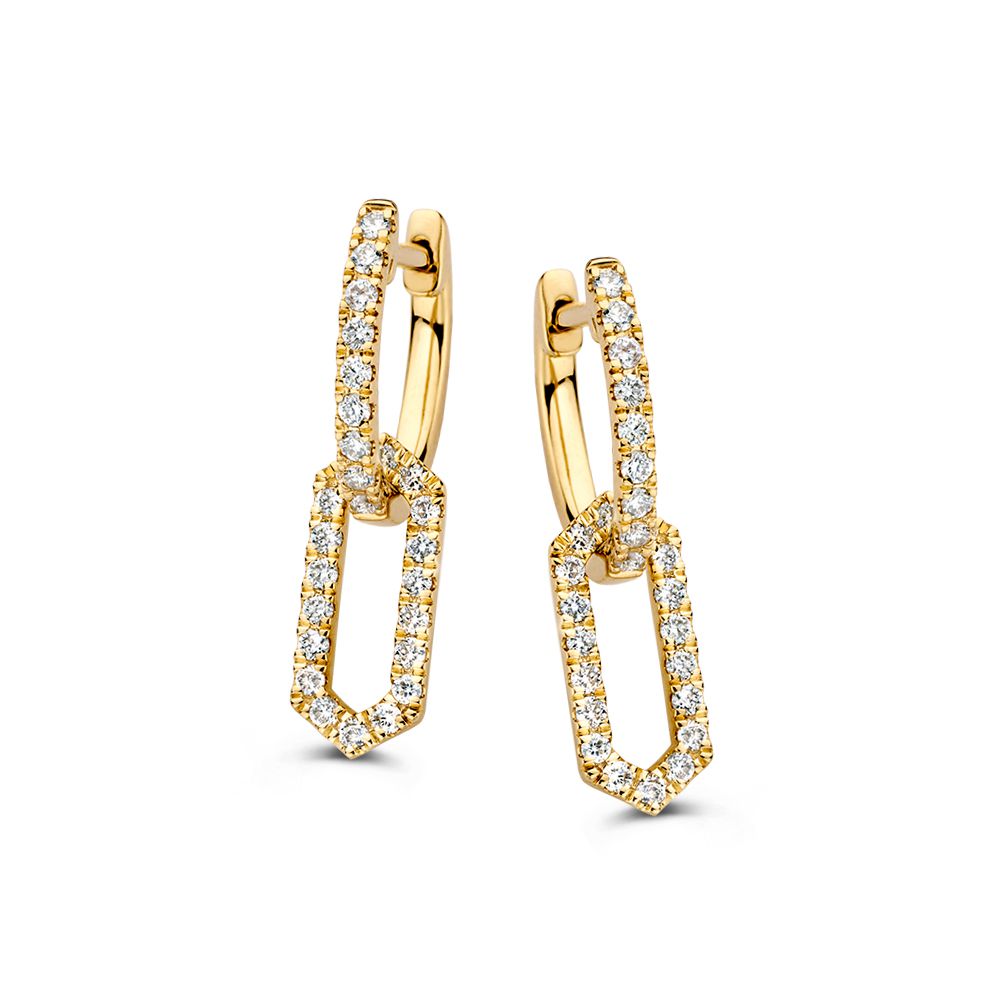 Boucles d'oreilles en or jaune avec pendentifs en diamants, décorées de pierres brillantes.