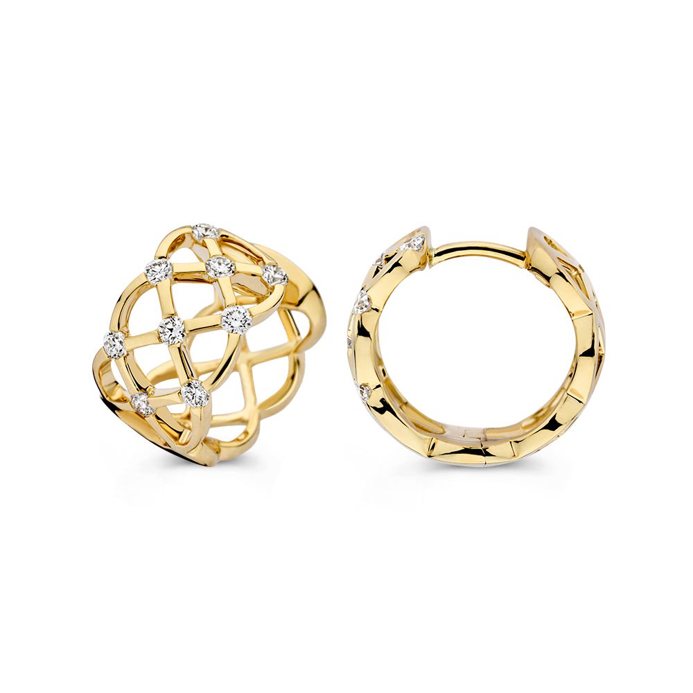 Superbes Créoles en Or Jaune avec Diamant et Motif Tissé 0,44 crt.