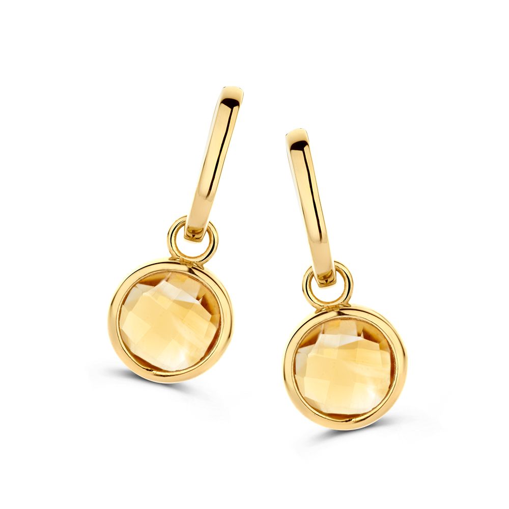 Boucles d'oreilles en or jaune avec pendentifs en citrine, finition brillante et design délicat.