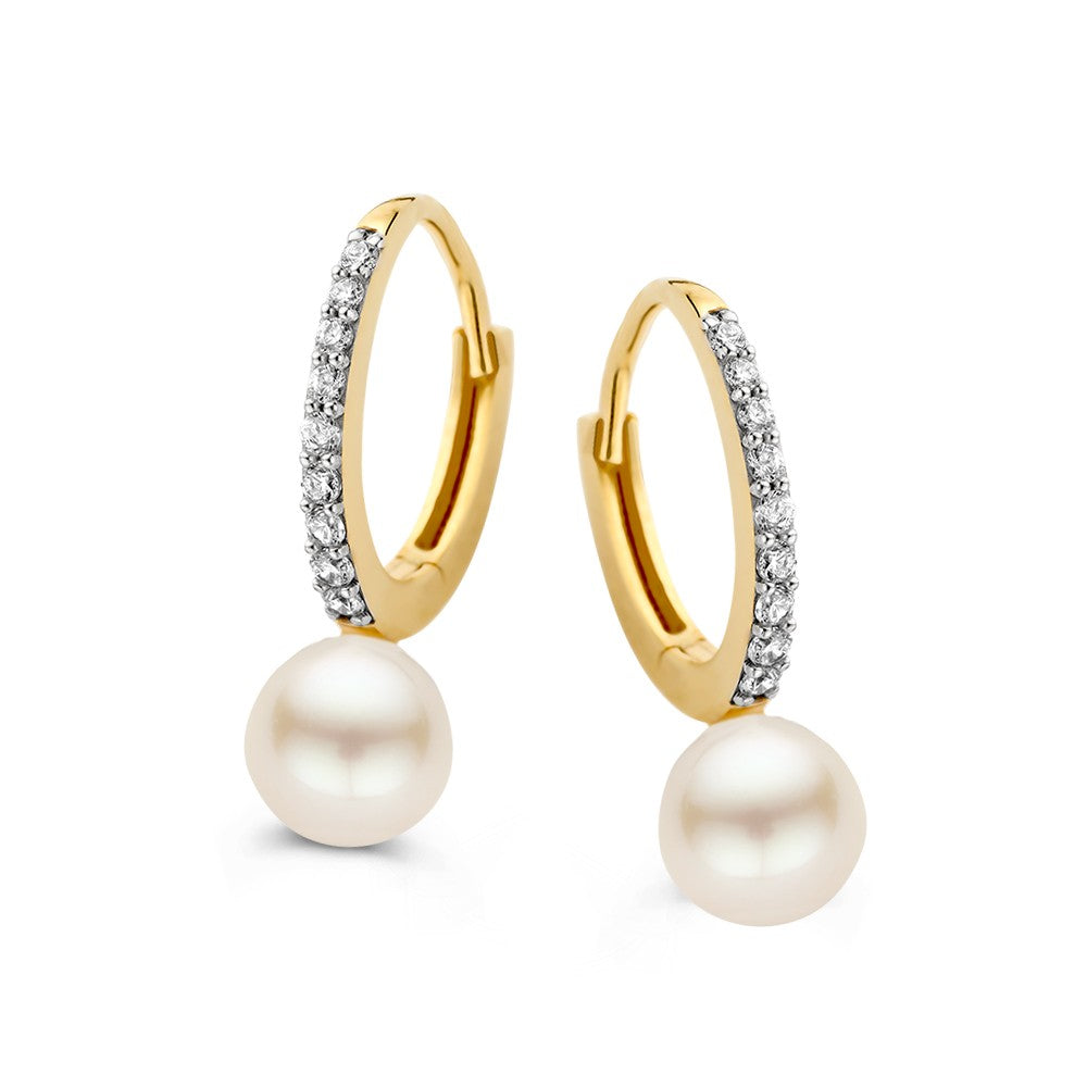 14K Geelgouden Oorringen met Parel en Zirkonia – Elegante Oorbedels voor Dames
