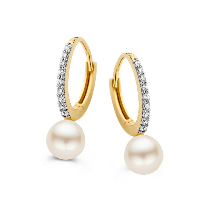 14K Geelgouden Oorringen met Parel en Zirkonia – Elegante Oorbedels voor Dames