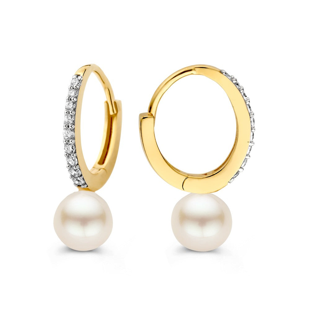 Créoles en or jaune 14K avec perle et zircone – Breloques élégantes pour femme