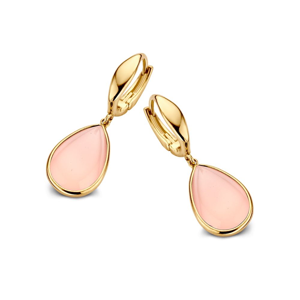 Boucles d'oreilles en or jaune avec pendentifs en chalcedoine rose en forme de goutte.