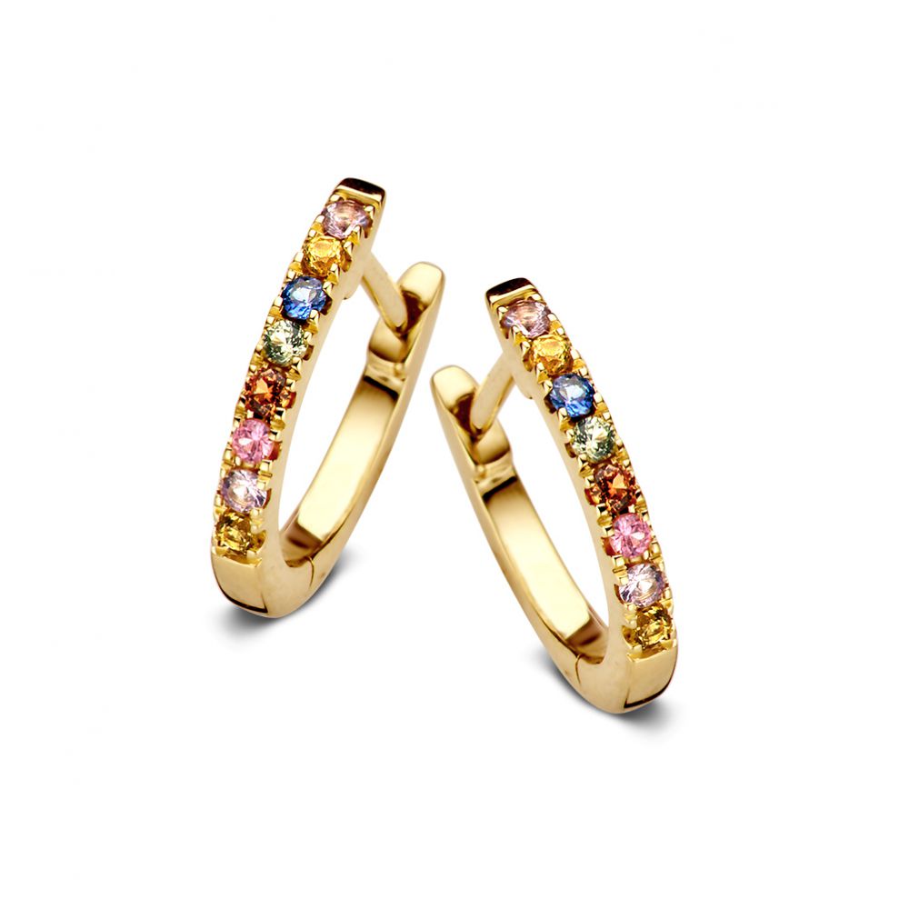 Boucles d'oreilles en or jaune ornées de saphirs multicolores.