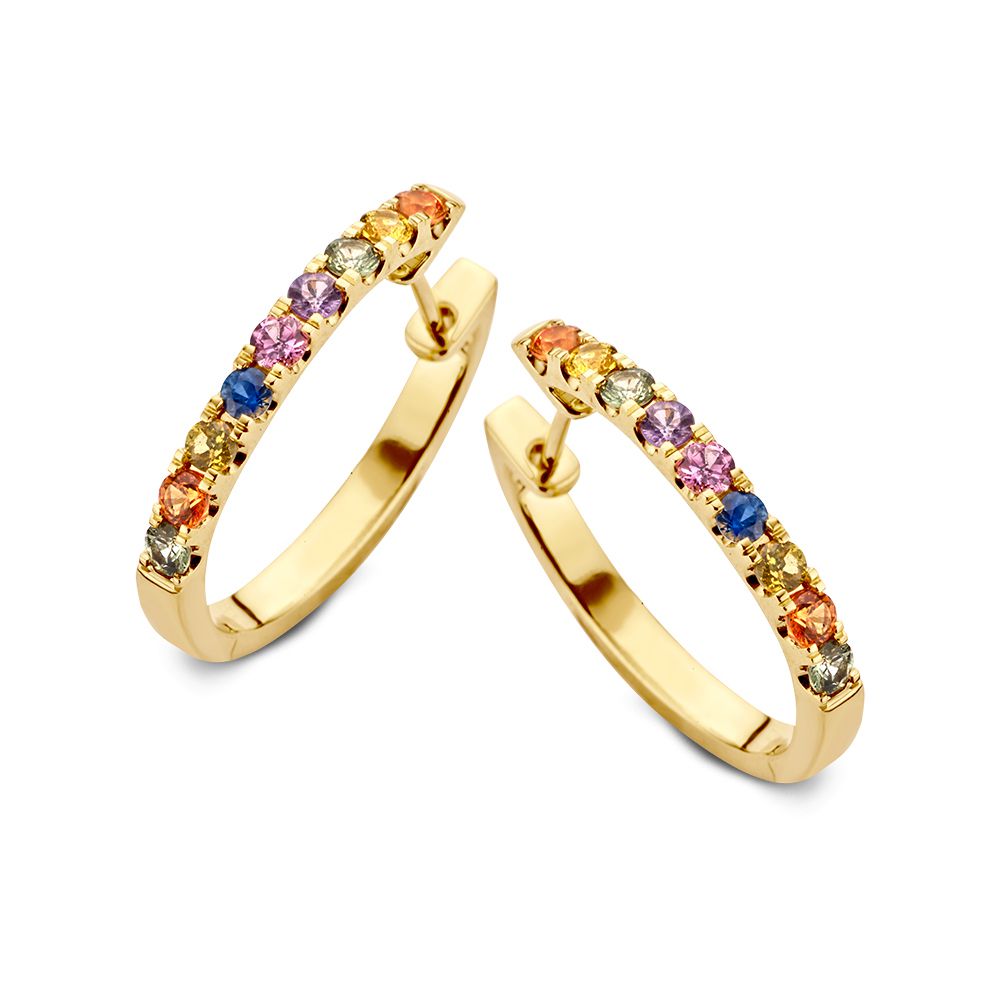 Boucles d'oreilles en or jaune ornées de saphirs multicolores.
