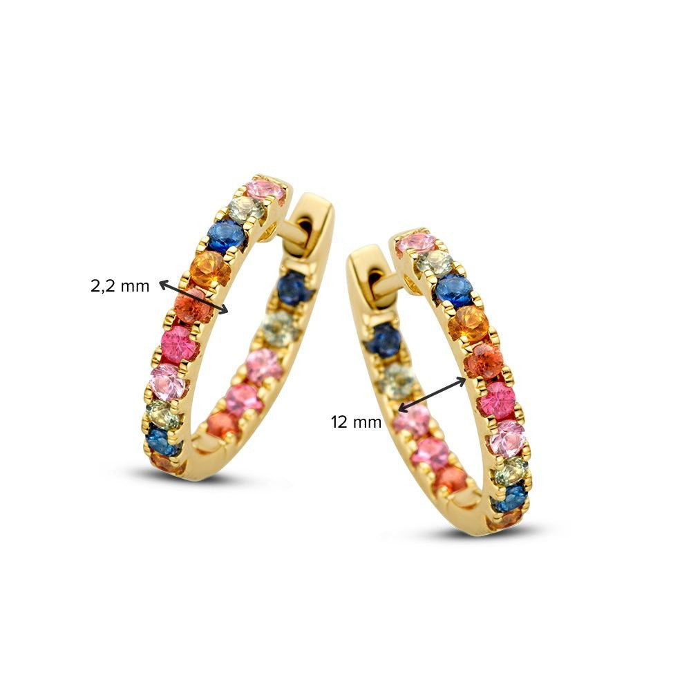 Excellent Jewelry Geelgouden Oorringen met Regenboog Saffier in chatonzetting: een paar oorringen met afwisselend roze, blauwe, oranje en kleurloze saffieren (2,2 mm breed, 12 mm diameter).