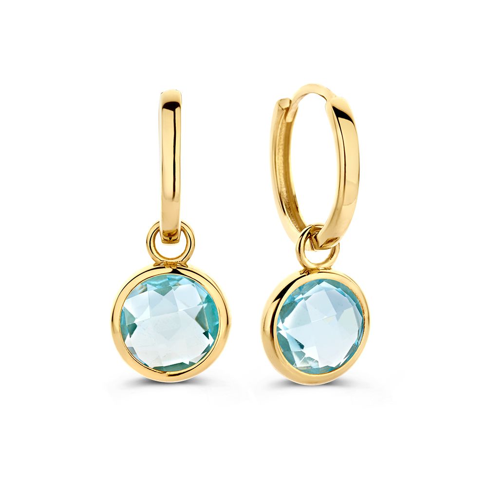 Créoles en or jaune avec pendentifs en topaze bleue | Or 14 carats – Van der Kooij