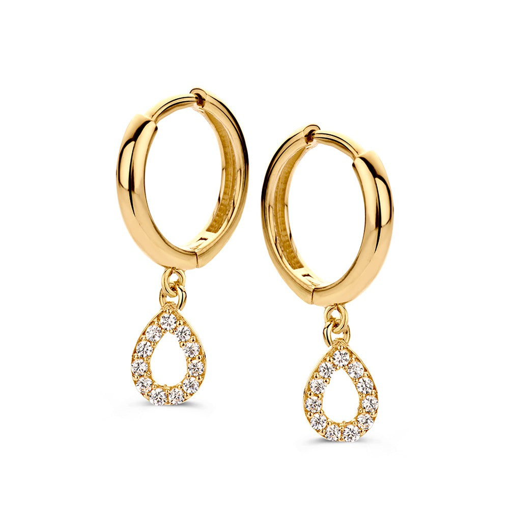 Boucles d'oreilles en or jaune avec des pendentifs en forme de goutte ornés de zirconiums.
