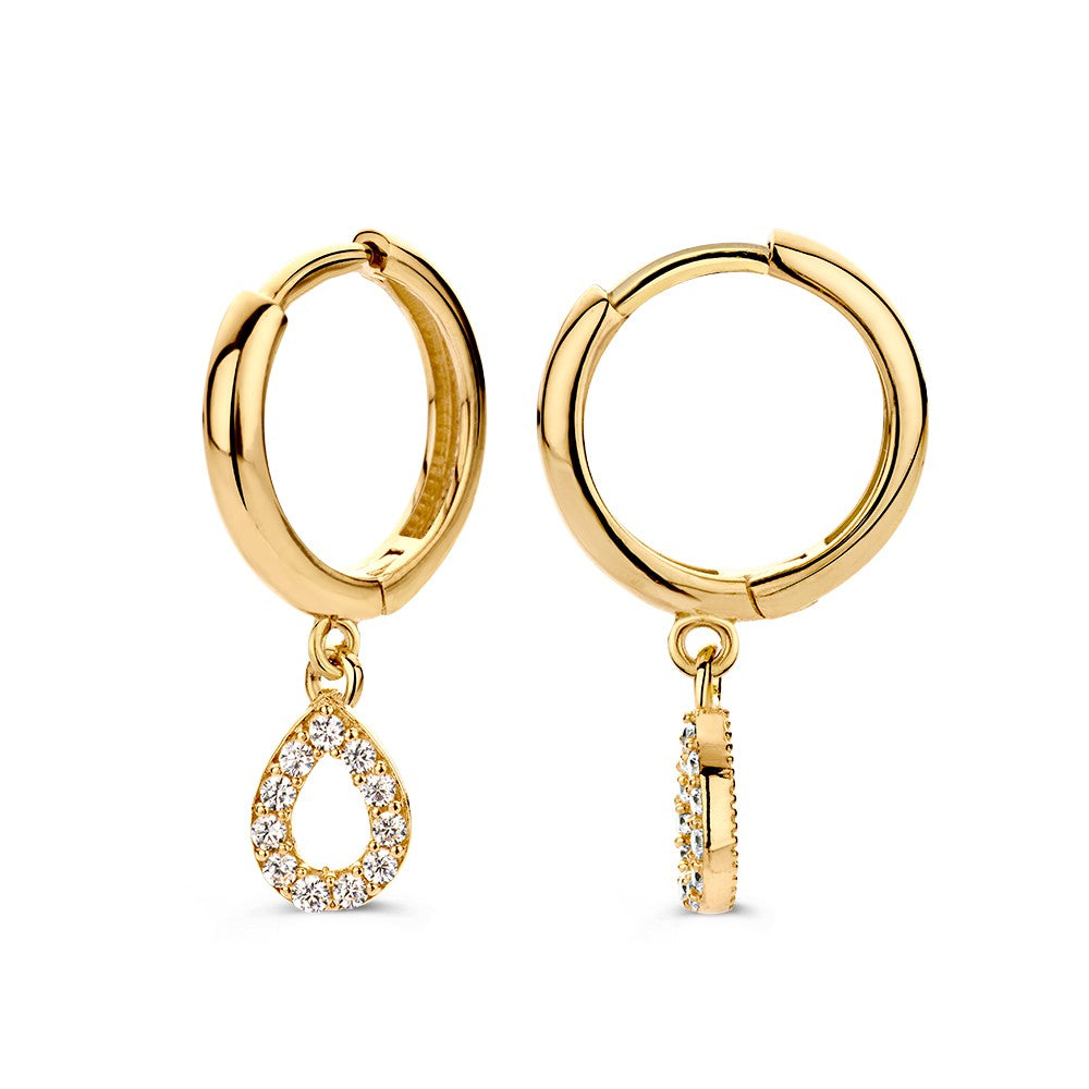 Boucles d'oreilles en or jaune élégantes avec des breloques en forme de goutte ludiques et des zircones