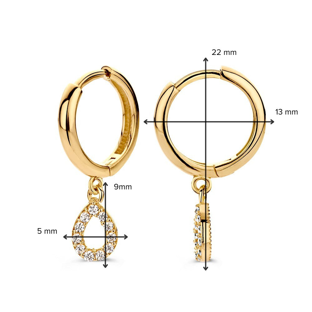 Boucles d'oreilles en or jaune élégantes avec des breloques en forme de goutte ludiques et des zircones