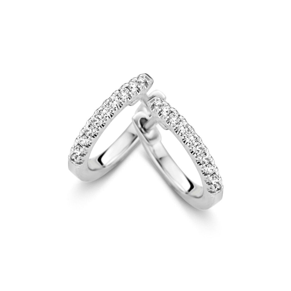 Boucles d'oreilles en or blanc avec diamants brillants, 14 carats, finition lisse et éclatante.