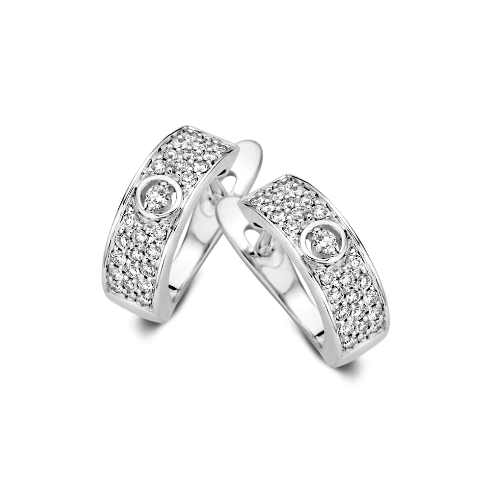 Boucles d'oreilles en or blanc ornées de diamants, avec un design subtil et brillant.