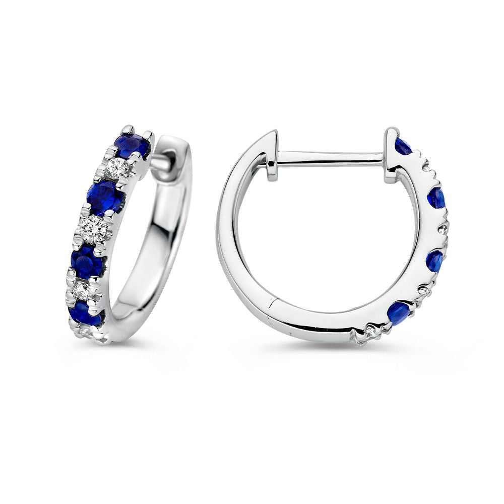 Superbes créoles en or blanc avec diamant et saphir bleu – 0,40 crt saphir et 0,10 crt diamant