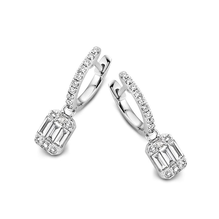 Witgouden oorringen met diamanten aanhangers – Baguette en briljant geslepen diamanten, 0.60 crt totaal
